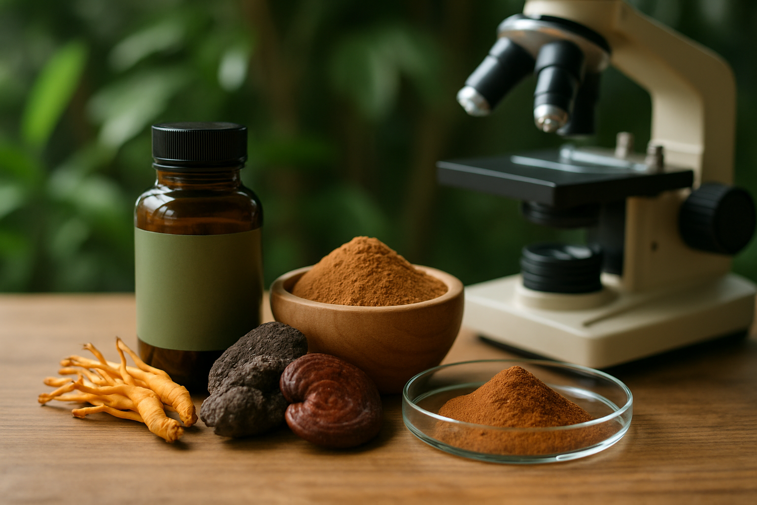 Verschiedene Heilpilze-Extrakte in Kapseln und Pulverform mit Dosierungslöffel für optimale Anwendung