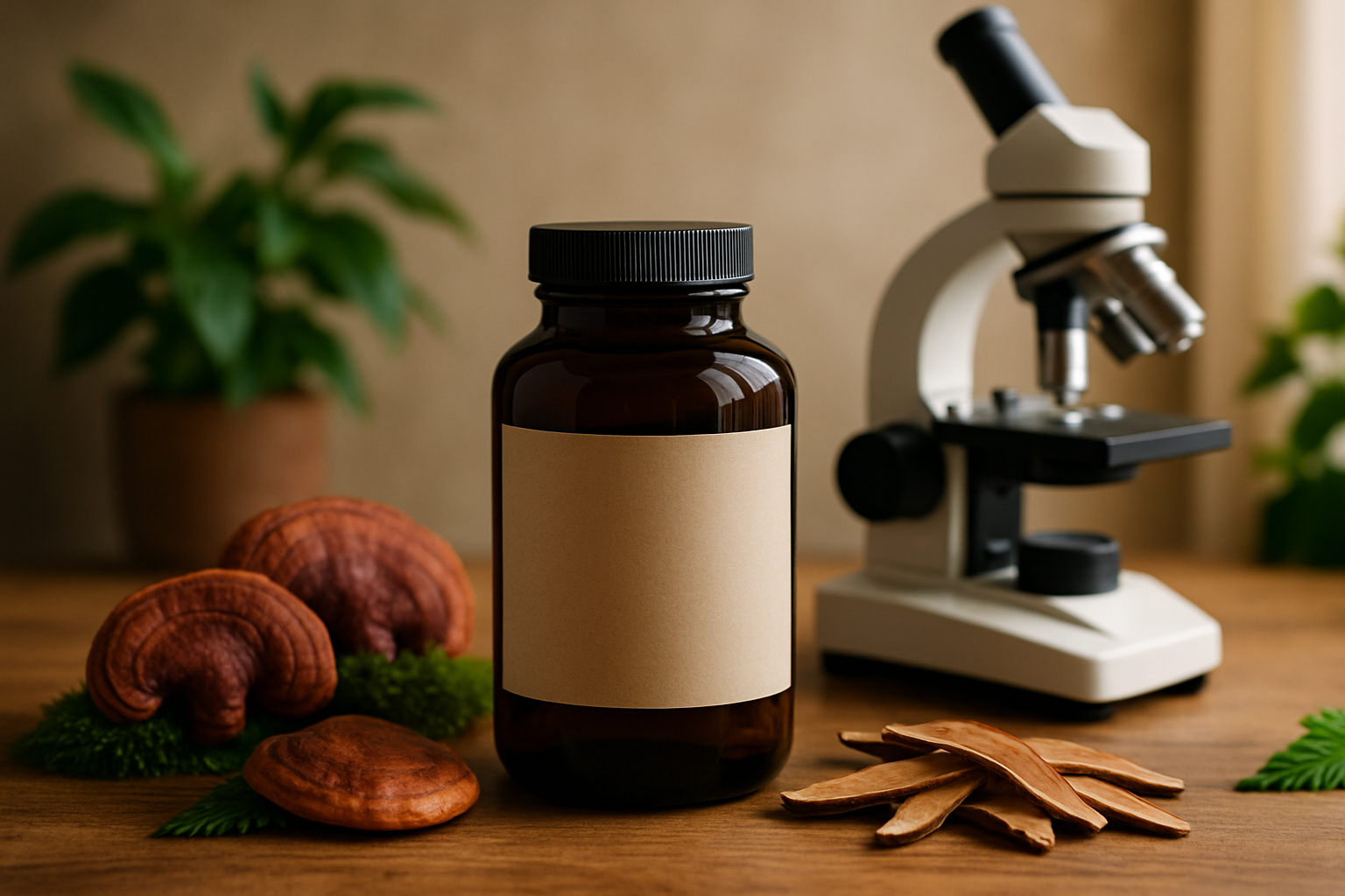 Heilpilze mit entzündungshemmenden Eigenschaften: Reishi, Chaga und Cordyceps auf natürlichem Untergrund