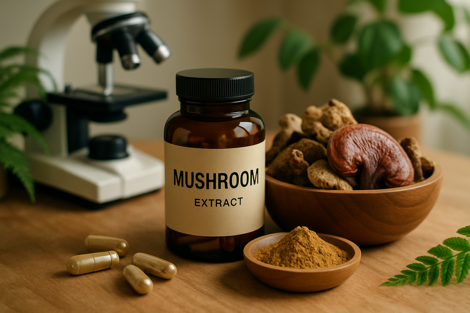 Verschiedene hochwertige Heilpilz-Präparate in Kapseln, Pulver und Extraktform auf natürlichem Holzuntergrund