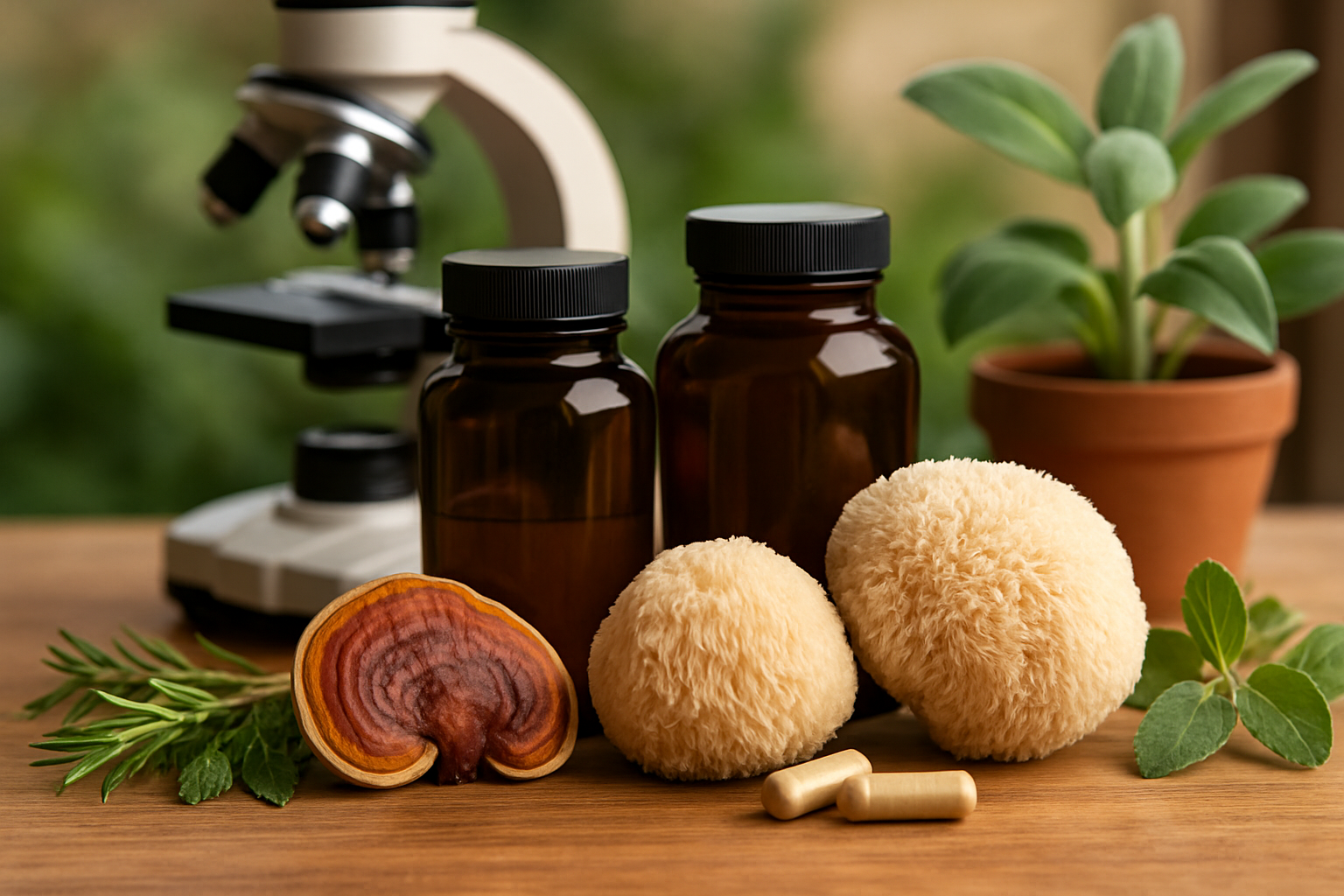 Verschiedene Heilpilze in Pulverform und Kapseln optimal kombiniert für synergistische Wirkung