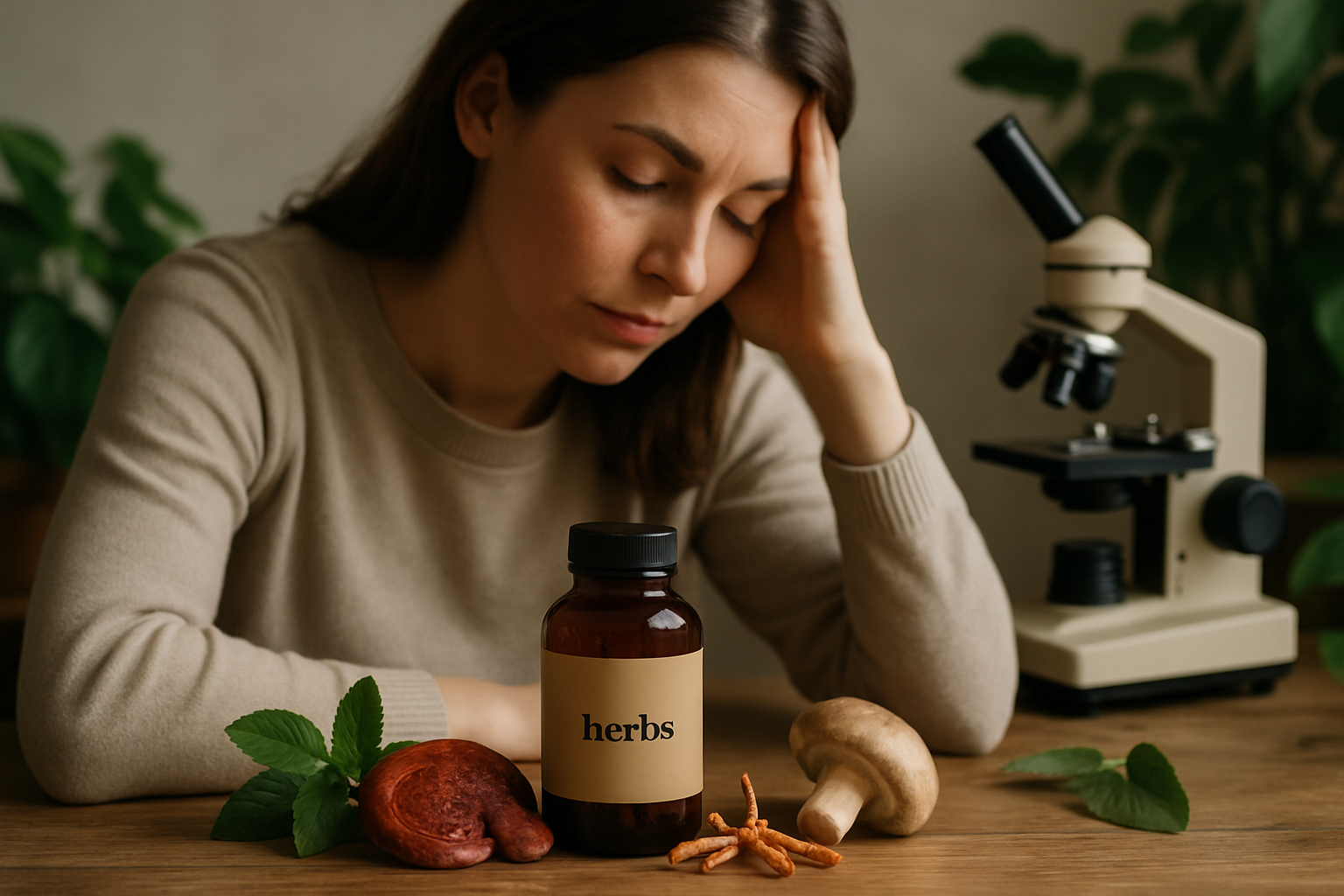 Gestresste Person findet Ruhe durch Heilpilze – Reishi, Cordyceps und Hericium für Stressbewältigung