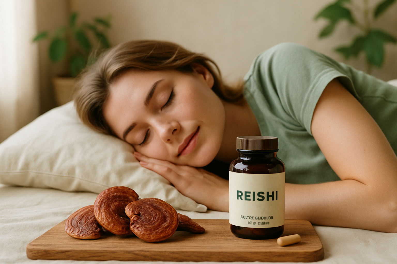 Reishi Pilz auf Holz mit schlafendem Menschen im Hintergrund – natürliche Schlafhilfe